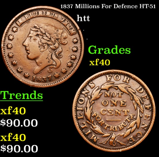 1837 Millions For Defence HT-51 Hard Times Token 1c Grades xf