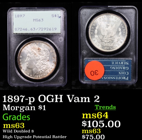 PCGS 1897-p OGH Vam 2 Morgan Dollar $1 Graded ms63 By PCGS