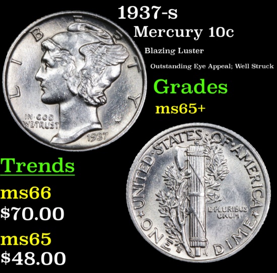 1937-s Mercury Dime 10c Grades GEM+ Unc