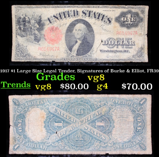 1917 $1 Large Size Legal Tender, Signatures of Burke & Elliot, FR39 Grades vg, very good