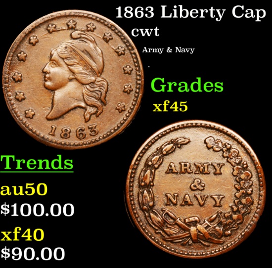 1863 Liberty Cap Civil War Token 1c Grades xf+
