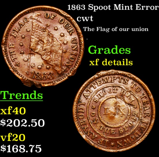 1863 Spoot Mint Error Civil War Token 1c Grades xf details