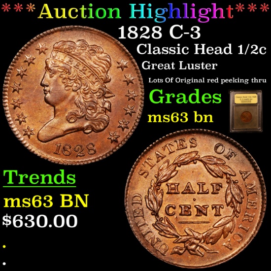 ***Auction Highlight*** 1828 C-3 Classic Head half cent 1/2c Graded Select Unc BN By USCG (fc)