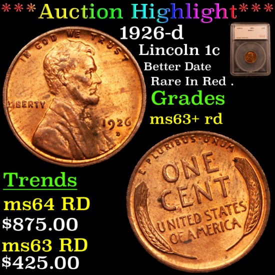 ***Auction Highlight*** 1926-d Lincoln Cent 1c Graded ms63+ rd By SEGS (fc)