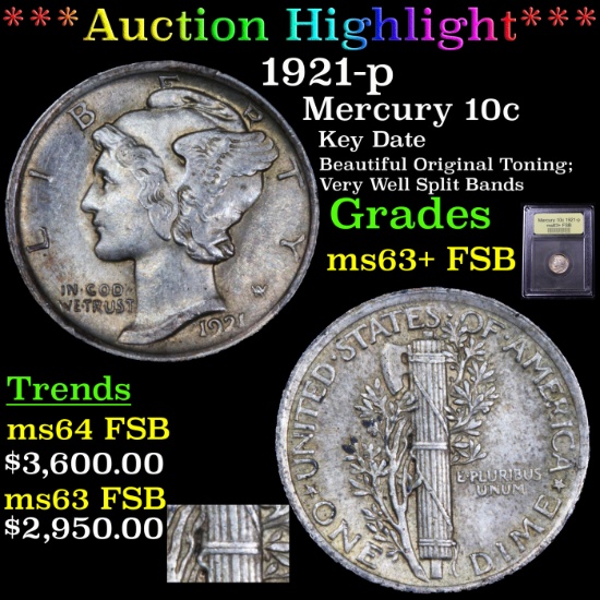 ***Auction Highlight*** 1921-p Mercury Dime 10c Graded Select Unc+ FSB By USCG (fc)