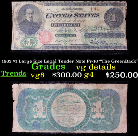 1862 $1 Large Size Legal Tender Note Fr-16 "The GreenBack" Grades vg details