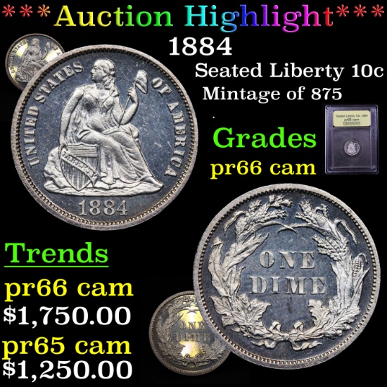 Proof ***Auction Highlight*** 1884 Seated Liberty Dime 10c Graded GEM+ Proof Cameo By USCG (fc)