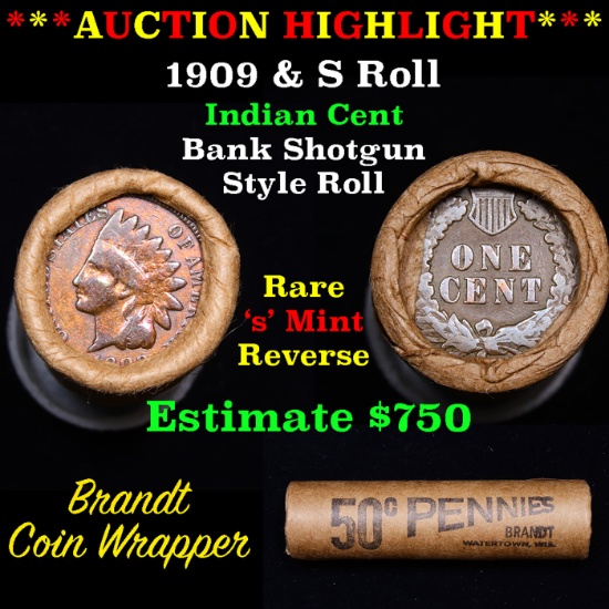 ***Auction Highlight*** Indian cent 1c orig roll, 1909 end S other end