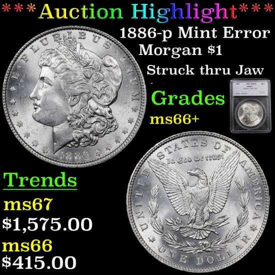 ***Auction Highlight*** 1886-p Mint Error Morgan Dollar $1 Graded ms66+ By SEGS (fc)