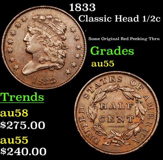 1833 Classic Head half cent 1/2c Grades Choice AU