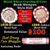 Mixed small cents 1c orig shotgun roll, 1916-d Wheat Cent, 1898 Indian cent other end, Seal Strong W