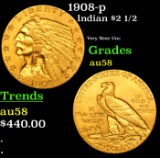 1908-p Gold Indian Quarter Eagle $2 1/2 Grades Choice AU/BU Slider