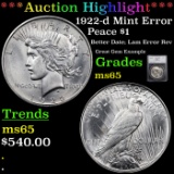 ***Auction Highlight*** 1922-d Mint Error Peace Dollar $1 Graded ms65 By SEGS (fc)