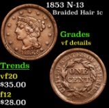 1853 N-13 Braided Hair Large Cent 1c Grades vf details