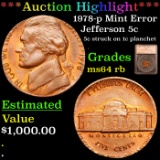 ***Auction Highlight*** 1978-p Mint Error 5c struck on 1c planchet Jefferson 5c Graded ms64 rb BY SE