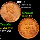 1911-d Lincoln Cent 1c Grades Choice Unc BN