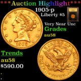 ***Auction Highlight*** 1905-p Gold Liberty Half Eagle $5 Graded Choice AU/BU Slider By USCG (fc)