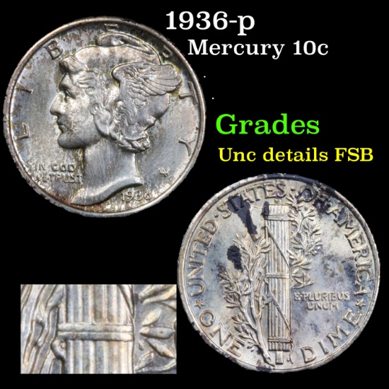 1936-p Mercury Dime 10c Grades Unc Details FSB