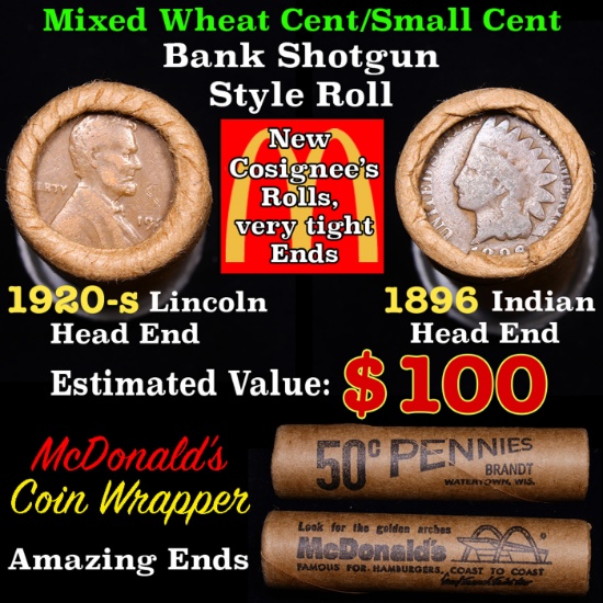 Mixed small cents 1c orig shotgun roll, 1920-s Wheat Cent, 1896 Indian cent other end, McDonalds Wra