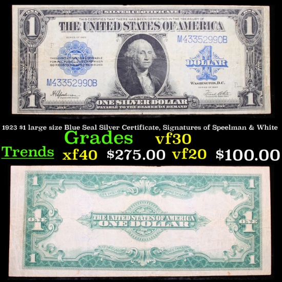 1923 $1 large size Blue Seal Silver Certificate, Signatures of Speelman & White Grades vf++