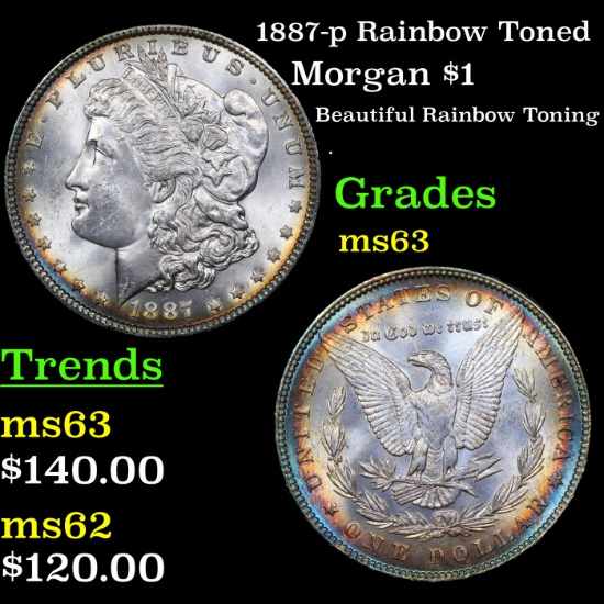 1887-p Rainbow Toned Morgan Dollar $1 Grades Select Unc