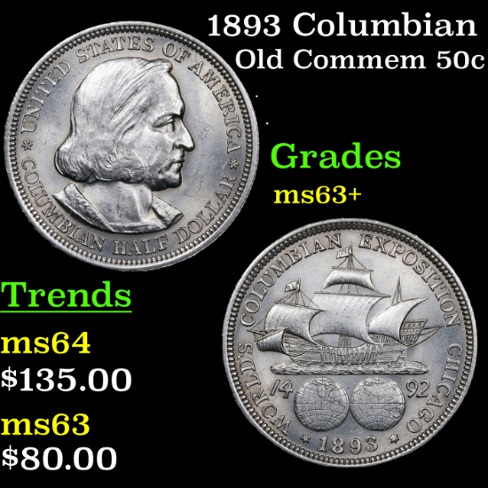 1893 Columbian Old Commem Half Dollar 50c Grades Select+ Unc