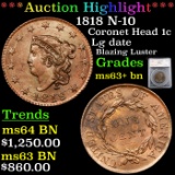 ***Auction Highlight*** 1818 N-10 Coronet Head Large Cent 1c Graded ms63+ bn By SEGS (fc)
