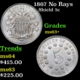 1867 No Rays Shield Nickel 5c Grades Select+ Unc