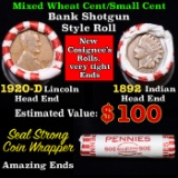 Mixed small cents 1c orig shotgun roll, 1920-d Wheat Cent, 1892 Indian cent other end, Seal Strong W