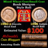 Mixed small cents 1c orig shotgun roll, 1920-s Wheat Cent, 1896 Indian cent other end, McDonalds Wra