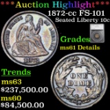 *Highlight Of Entire Auction* 1872-cc FS-101 Seated Liberty Dime 10c Graded ms61 Details By SEGS (fc