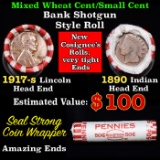 Mixed small cents 1c orig shotgun roll, 1917-s Wheat Cent, 1890 Indian cent other end, Seal Strong W