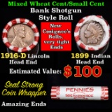 Mixed small cents 1c orig shotgun roll, 1916-d Wheat Cent, 1899 Indian cent other end, Seal Strong W