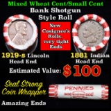 Mixed small cents 1c orig shotgun roll, 1919-s Wheat Cent, 1881 Indian cent other end, Seal Strong W