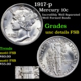 1917-p Mercury Dime 10c Grades Unc Details FSB