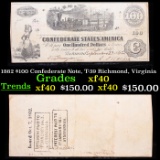 1862 $100 Confederate Note, T-39 Richmond, Virginia Grades xf