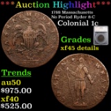 ***Auction Highlight*** 1788 Massachusetts, No Period Ryder 8-C Colonial Cent 1c Graded xf45 details