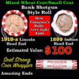 Mixed small cents 1c orig shotgun roll, 1919-s Wheat Cent, 1899 Indian cent other end, Seal Strong W