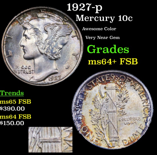 1927-p Mercury Dime 10c Grades Choice Unc+ FSB