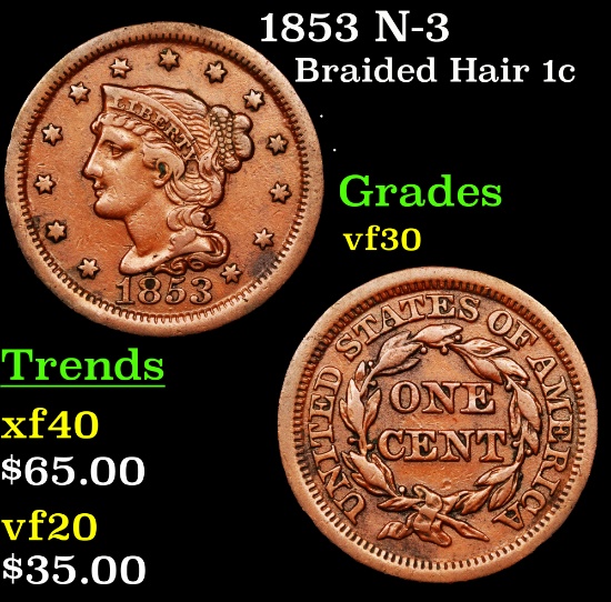 1853 N-3 Braided Hair Large Cent 1c Grades vf++