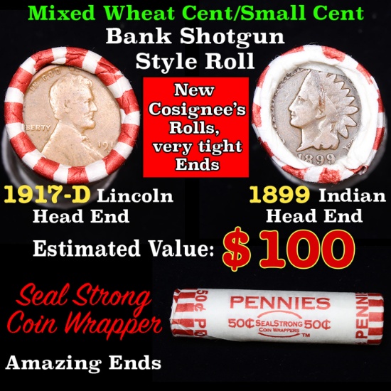 Mixed small cents 1c orig shotgun roll, 1917-d Wheat Cent, 1899 Indian cent other end, Seal Strong W