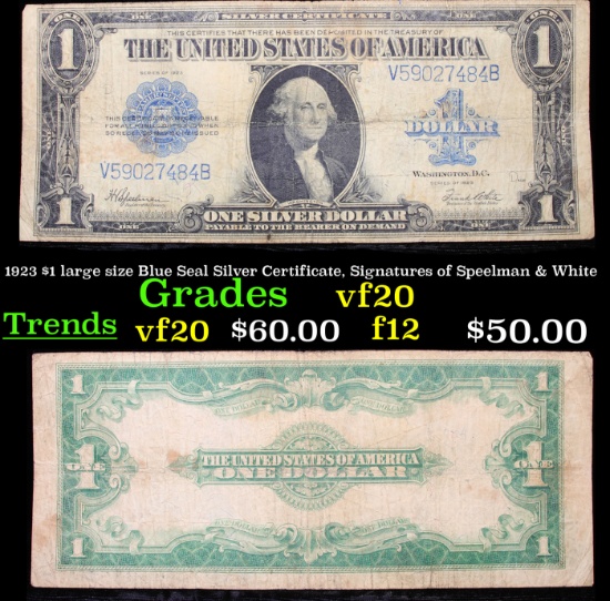 1923 $1 large size Blue Seal Silver Certificate, Signatures of Speelman & White Grades vf, very fine