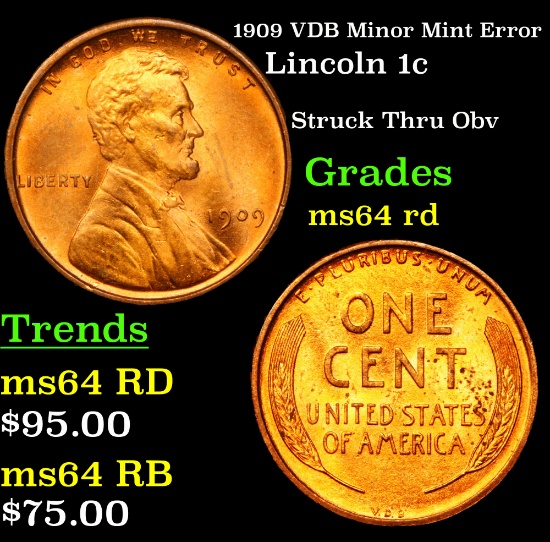 1909 VDB Minor Mint Error Lincoln Cent 1c Grades Choice Unc RD