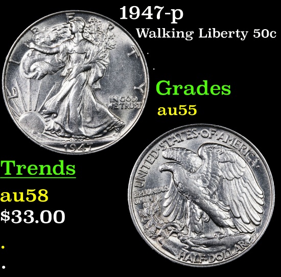 1947-p Walking Liberty Half Dollar 50c Grades Choice AU