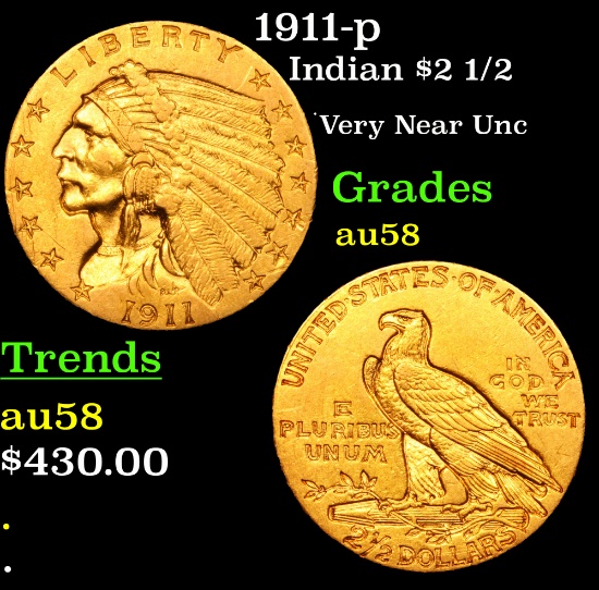 1911-p Gold Indian Quarter Eagle $2 1/2 Grades Choice AU/BU Slider