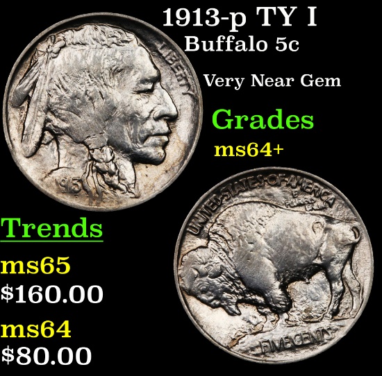 1913-p TY I Buffalo Nickel 5c Grades Choice+ Unc
