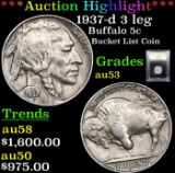***Auction Highlight*** 1937-d 3 leg Buffalo Nickel 5c Graded Select AU By USCG (fc)