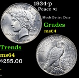 1934-p Peace Dollar $1 Graded Choice Unc By USCG