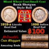 Mixed small cents 1c orig shotgun roll, 1919-s Wheat Cent, 1898 Indian cent other end, McDonalds Wra