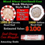 Mixed small cents 1c orig shotgun roll, 1917-d Wheat Cent, 1899 Indian cent other end, Seal Strong W
